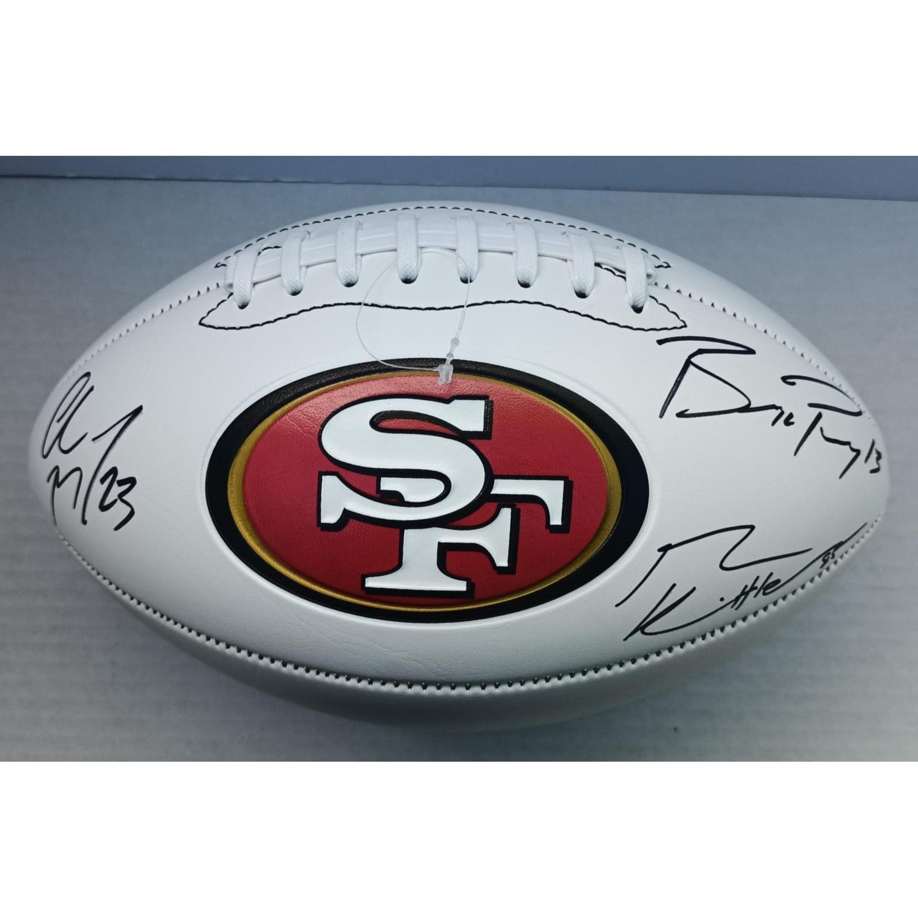 San Francisco 49ers Brock Purdy Christian McCaffrey George Kittle full size football signed with proof