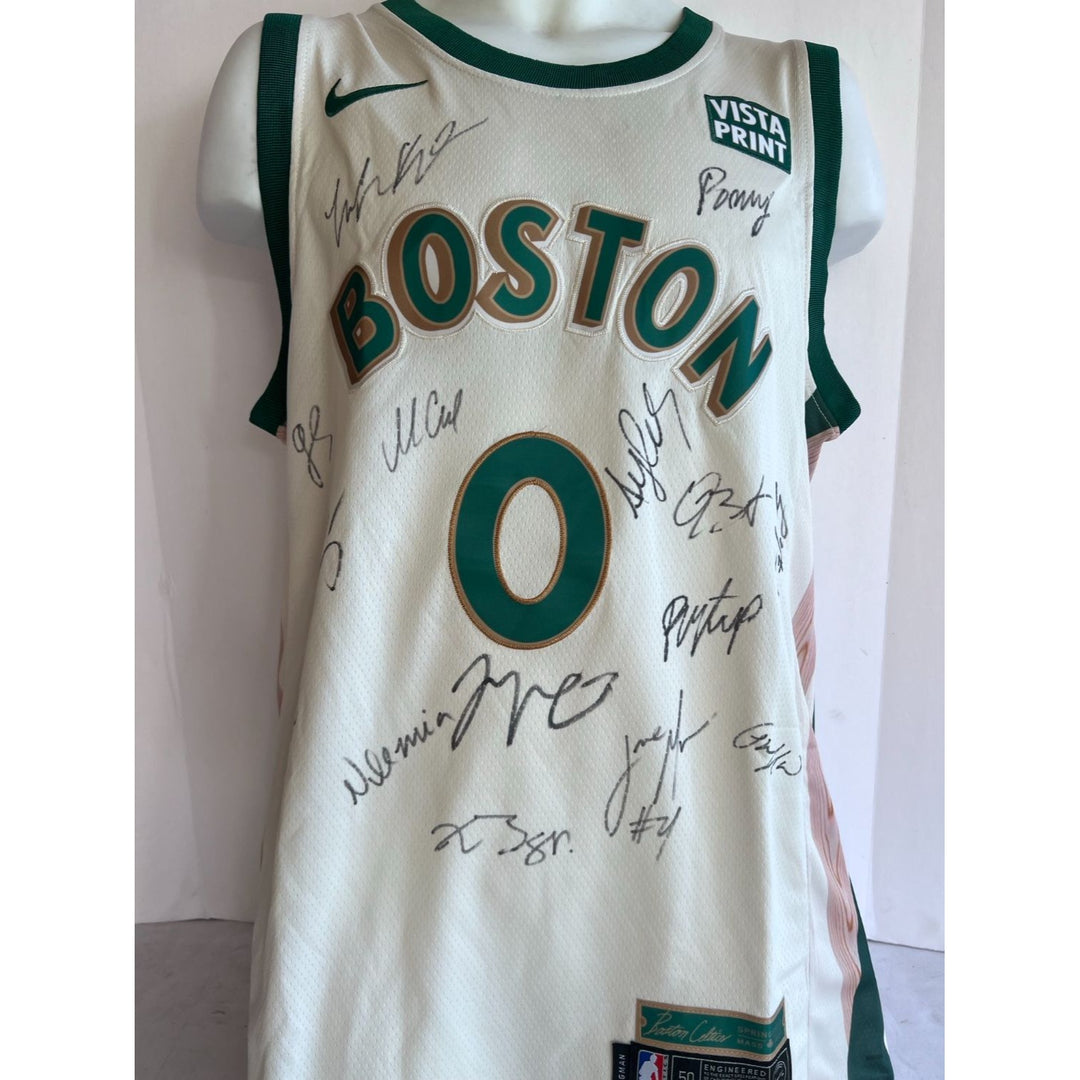 Boston Celtics 2023-24 Jayson Tatum Jrue Holiday Jaylen Brown Kristaps Porzingis complete team nike jersey signed with proof