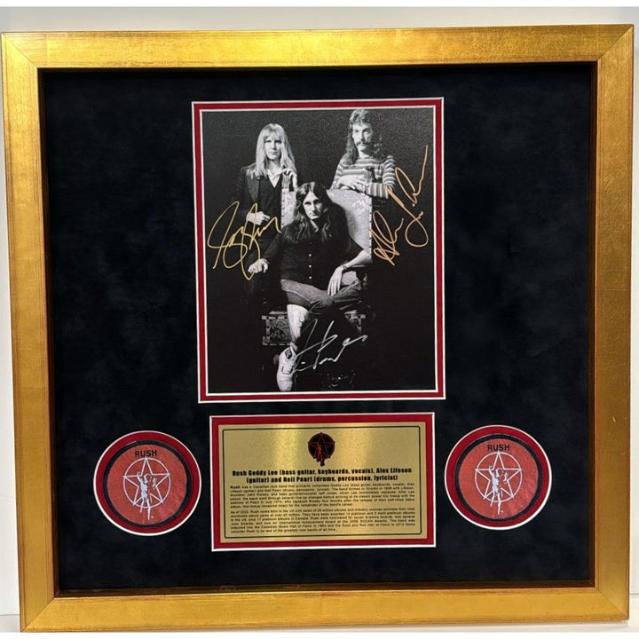 Rush Neil Pearth Alex Lifeson, Geddy Lee 8x10 photo signed with proof and museum quality frame 20x14x19