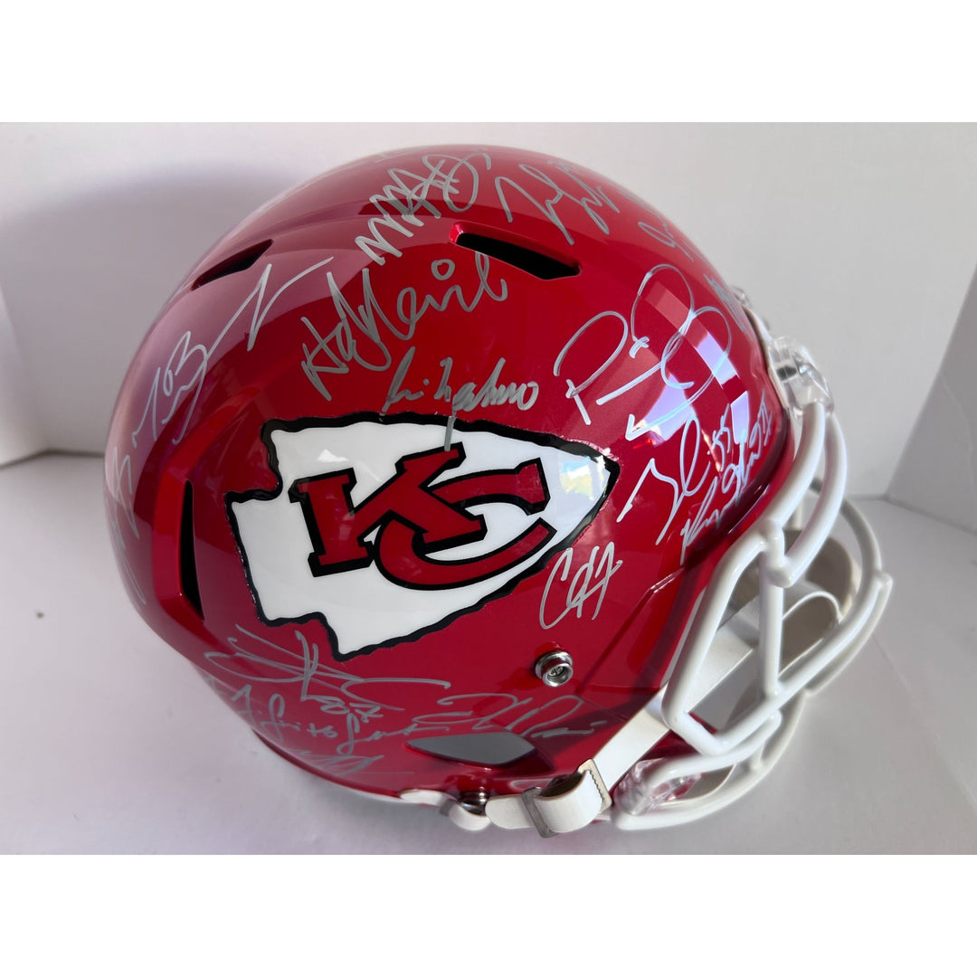 Patrick Mahomes Andy Reid 2022 Kansas City Chiefs AFC champions Riddell speed replica full size helmet team signed with proof and free case