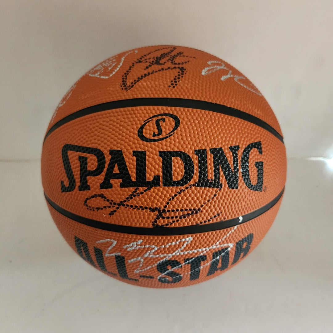 LeBron James, Nikola Jokic, Luka Doncic, Joel Embiid Steph Curry signed basketball with proof free display case