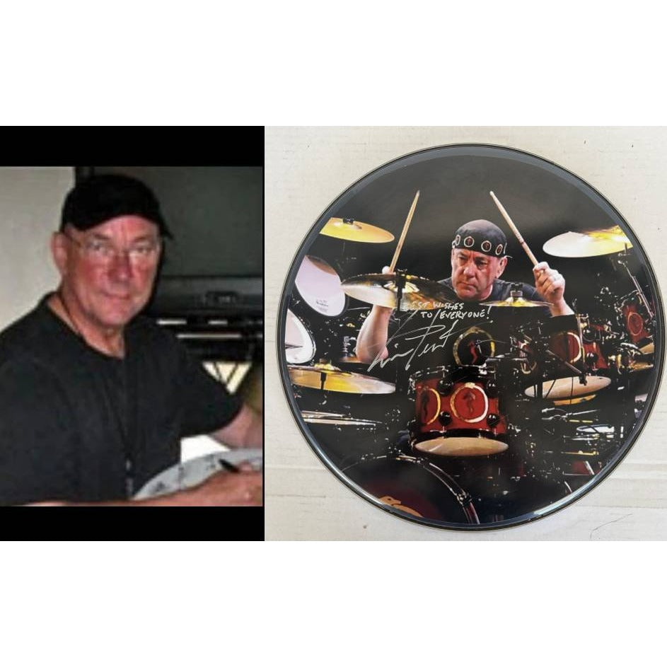 Neil Peart Rushs' iconic drummer drumhead signed with proof.