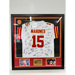 Load image into Gallery viewer, Kansas City Chiefs Patrick Mahomes Travis Kelce Chris Jones Andy Reid 2023-24 Holmes game model jersey xl team signed &amp; framed 40x38  40 plu
