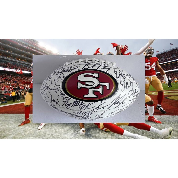 San Francisco 49ers 2023 24 Deebo Samuel, Brock Purdy Christian McCaffrey  full size team signed football with proof