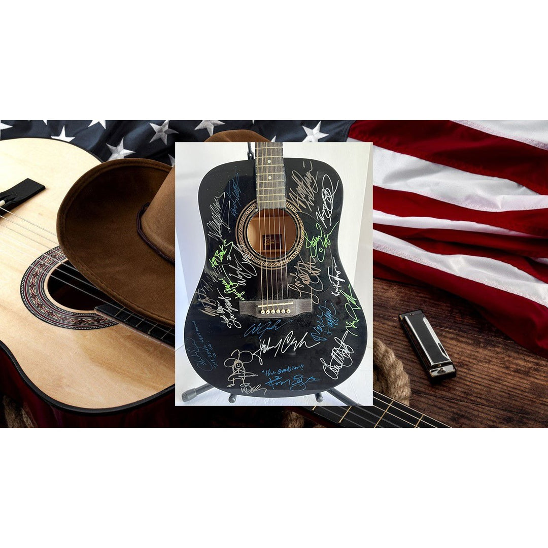 Charlie Daniels, Johnny Cash, Willie Nelson, Kenny Rogers, Waylon Jennings country legends guitar signed with proof