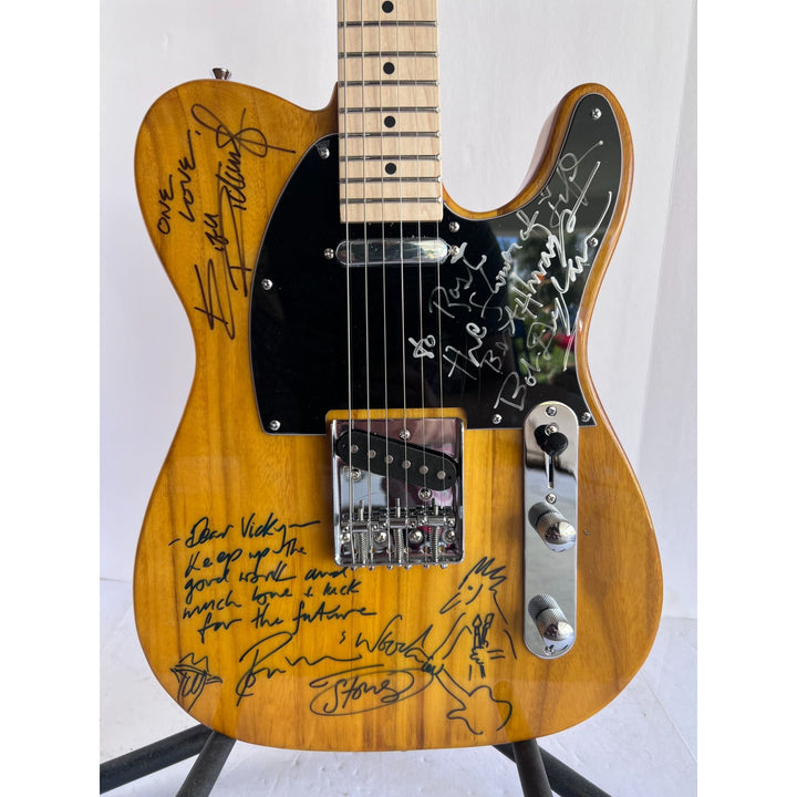 Bob Dylan Keith Richards Ronnie Wood of The Rolling Stones full size Telecaster electric guitar signed with inscription and sketch and proof