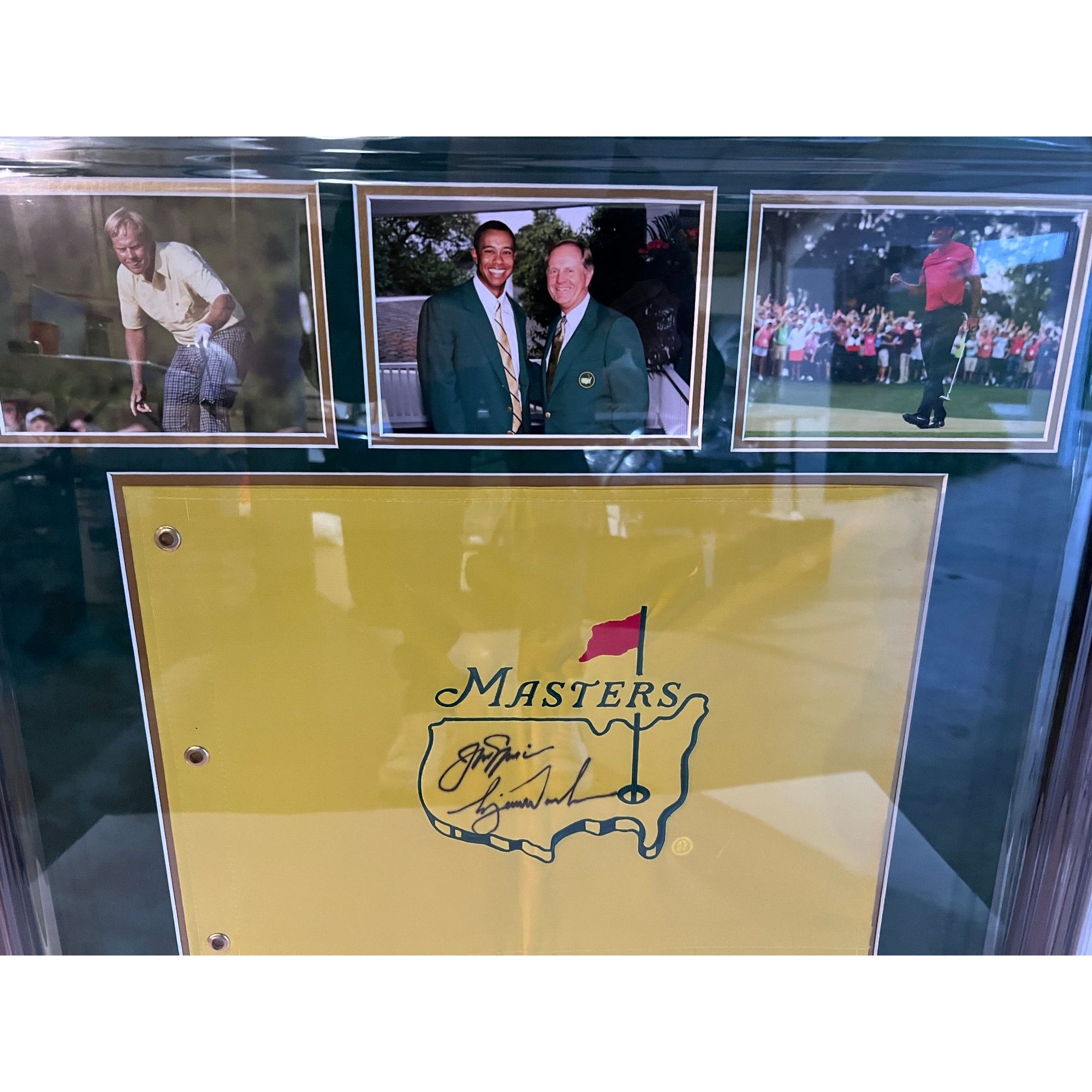 Tiger Woods and Jack Nicklaus Masters Golf pin flag signed and framed 29x31 with proof