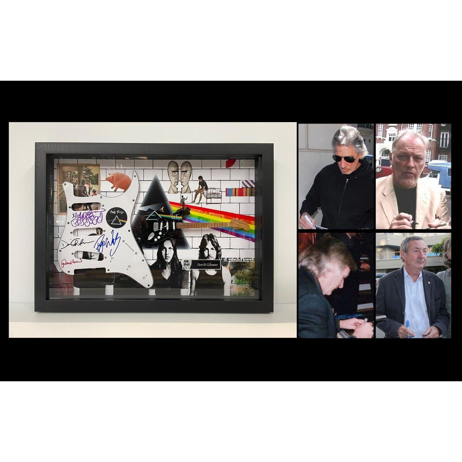 Pink Floyd David Gilmour Roger Waters Richard Wright Nick Mason framed electric guitar pickguard signed with proof