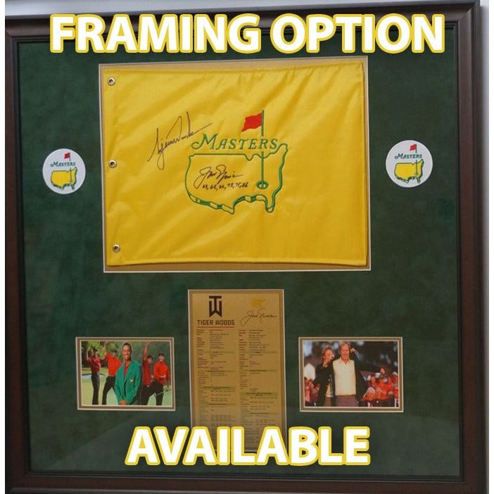 Jack Nicklaus, Arnold Plamer, Gary Player Masters Golf Tournament pin flag signed and framed 32x24 with proof