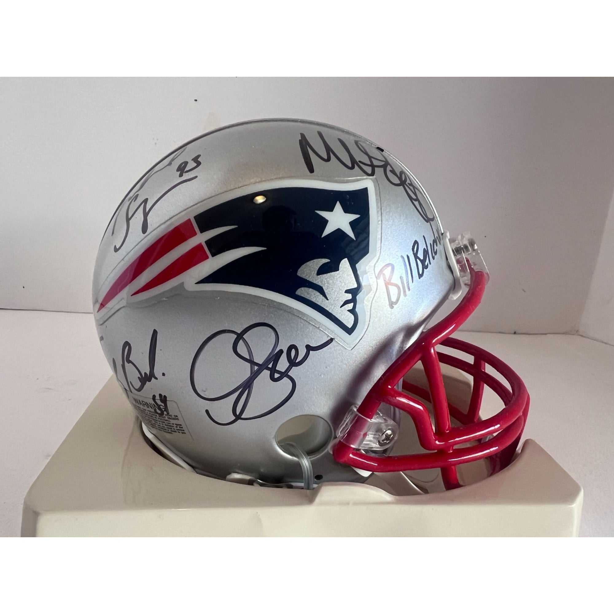 New England Patriots Teddy Bruschi Richard Seymour Junior Seau Bill Belichick Riddell mini helmet signed with proof