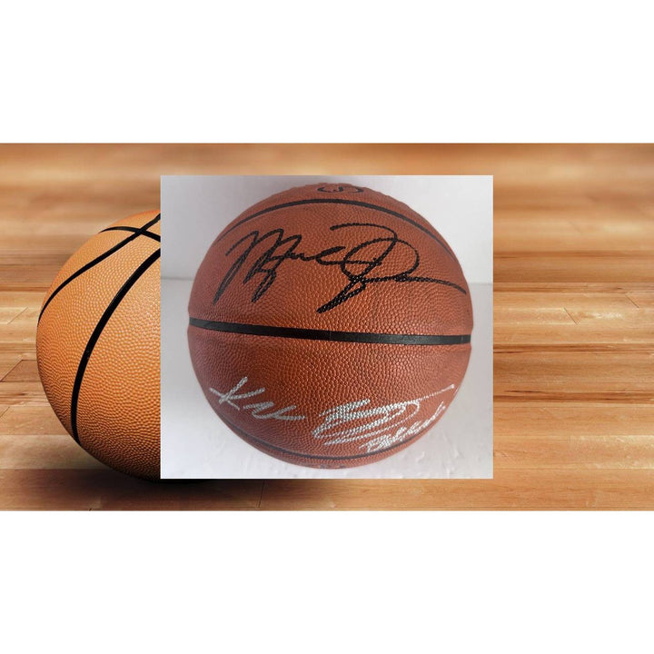 Kobe Bryant inscribed black mamba with Michael Jordan Spalding Adam Silver NBA full size basketball signed with proof