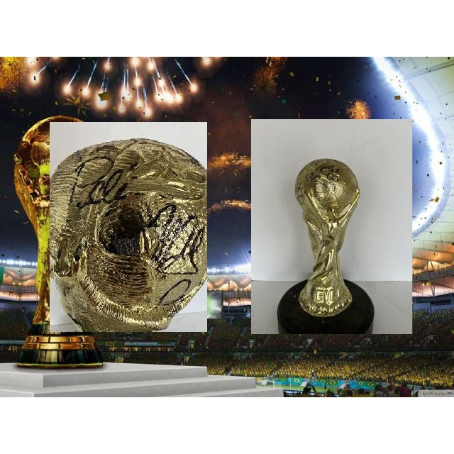 Pele, Franz Beckenbauer, Diego Maradona, Johan Cruyff, Leo Messi, Zinedine Zidane World Cup trophy signed with proof