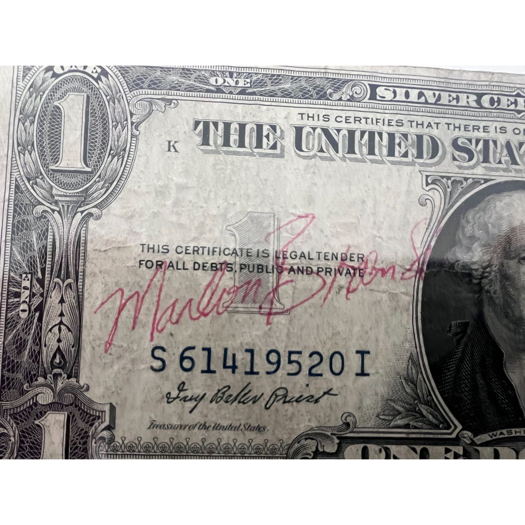 Marlon Brando Godfather  silver certificate vintage dollar bill signed with proof