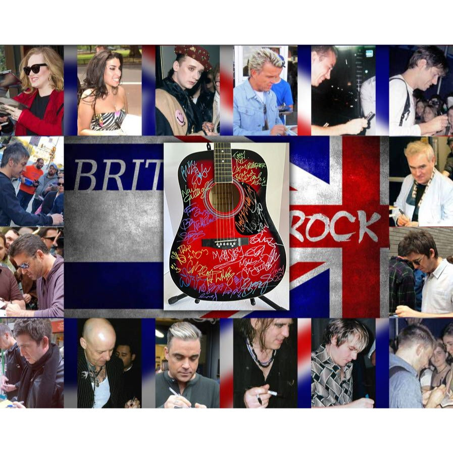 British Iconic Rock stars acoustic guitar signed Adele, Morrissey, George Michael, Robert Smith Robbie Williams signed with proof