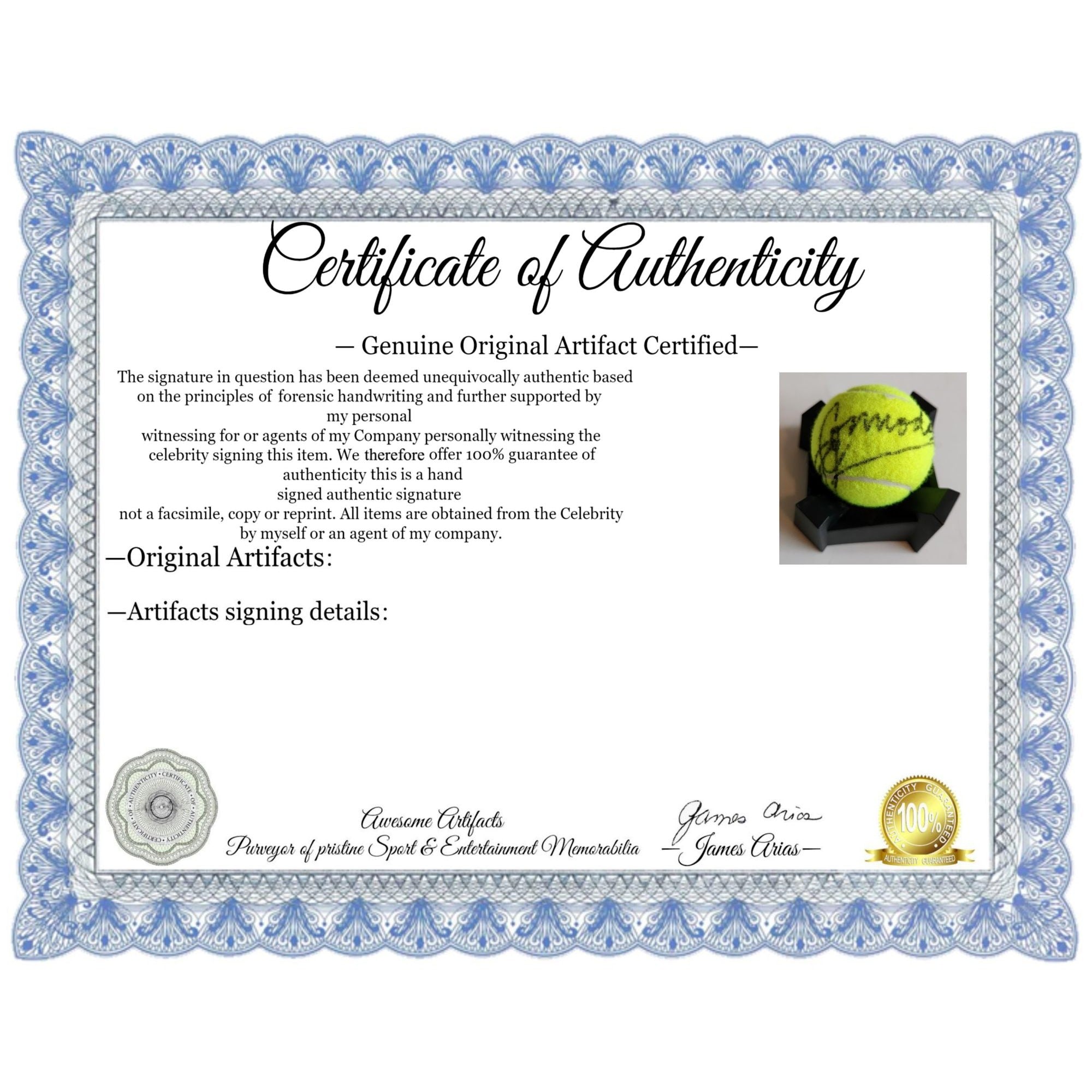 Jimmy Connors tennis ball signed with proof