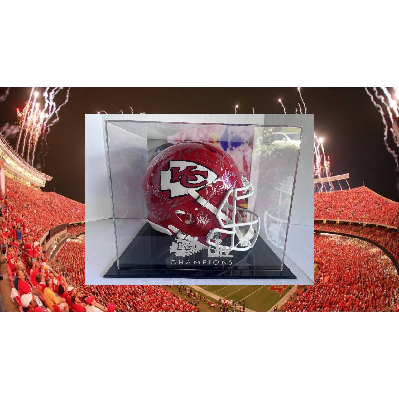 Kansas City Super Bowl champions Patrick Mahomes Andy Reid Travis Kelce 2022 23 team signed helmet with proofand 15x13 acrylic display case