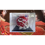Load image into Gallery viewer, Kansas City Super Bowl champions Patrick Mahomes Andy Reid Travis Kelce 2022 23 team signed helmet with proofand 15x13 acrylic display case
