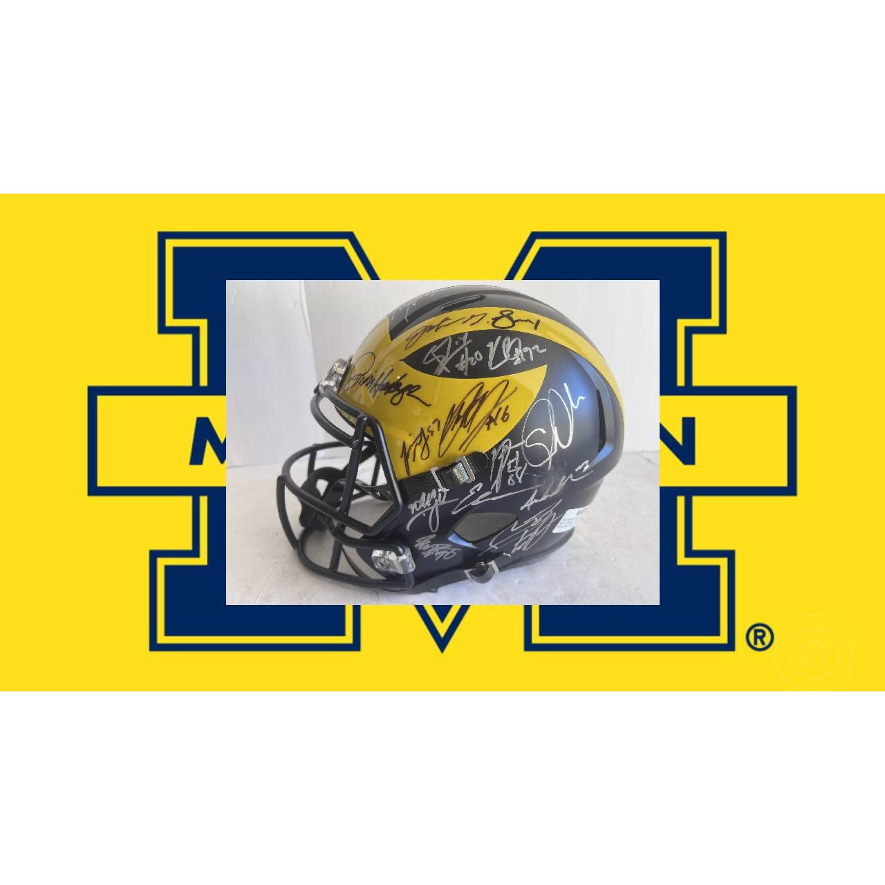 University of Michigan Jim Harbaugh ,J.J. McCarthy, Blake Corum, 2023-24 National Campions NCAA Football division 1 Riddel Replica full size