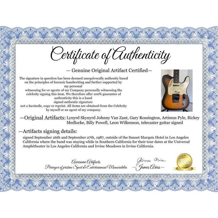 Lynyrd Skynyrd Johnny Van Zant, Gary Rossington, Artimus Pyle, Rickey Medlocke, Billy Powell, Leon Wilkenson, telecaster guitar signed