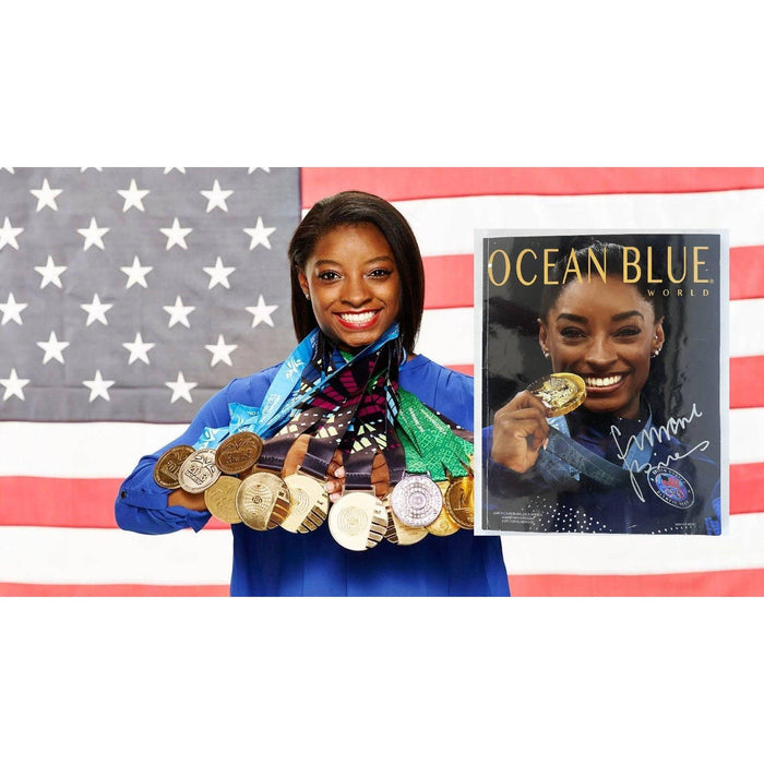 Simone Biles USA Ocean Blue World Magazine signed with proof