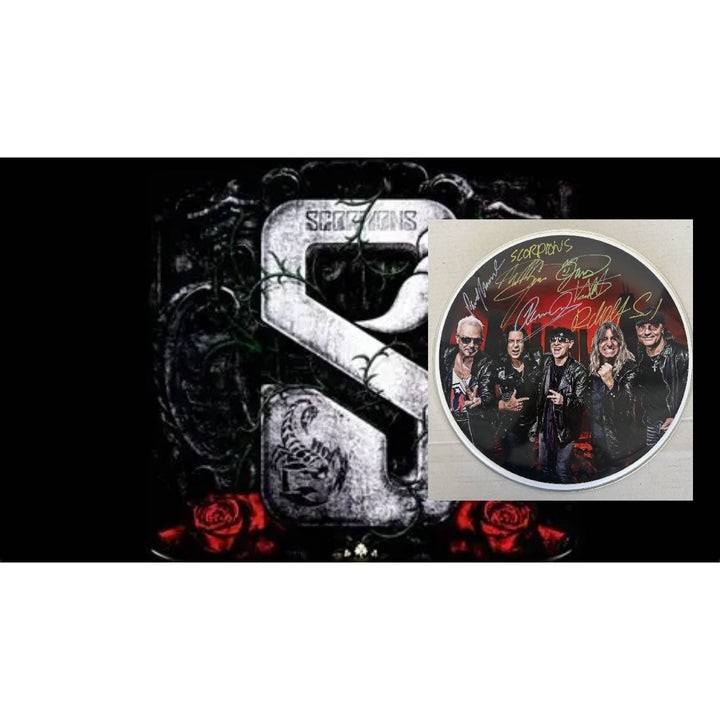 Scorpions Klaus Maine, Rudolf Schenker, Pawel Maciwoda drumhead signed with proof.