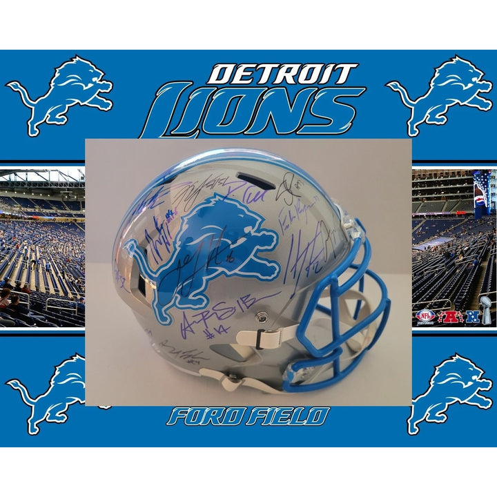 Detroit Lions Riddell authentic pro game model helmet signed by 40 members of the 2024 team with signing proof Awesome Artifacts