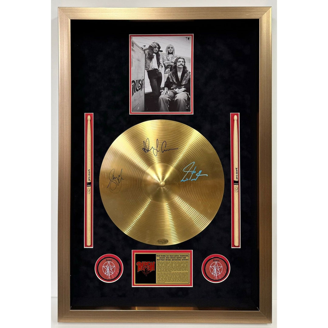 Rush Neil Peart Geddy Lee Alex Lifeson 37x25 cymbal signed with Museum quality frame and proof