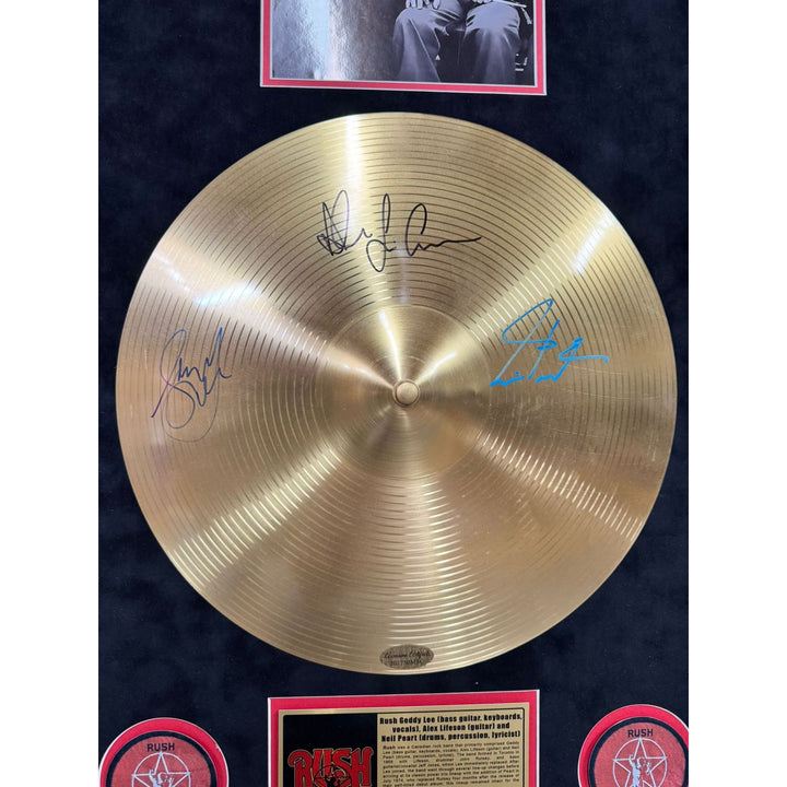 Rush Neil Peart Geddy Lee Alex Lifeson 37x25 cymbal signed with Museum quality frame and proof