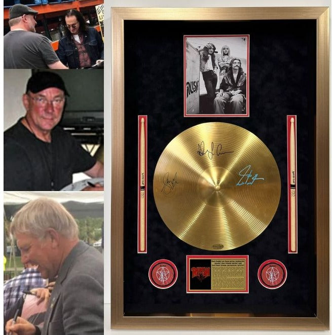 Rush Neil Peart Geddy Lee Alex Lifeson 37x25 cymbal signed with Museum quality frame and proof