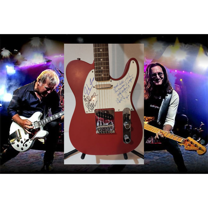 Rush Neil Peart,  Alex Lifeson (inscription), Geddy Lee  original Fender telecaster full size electric guitar signed with proof