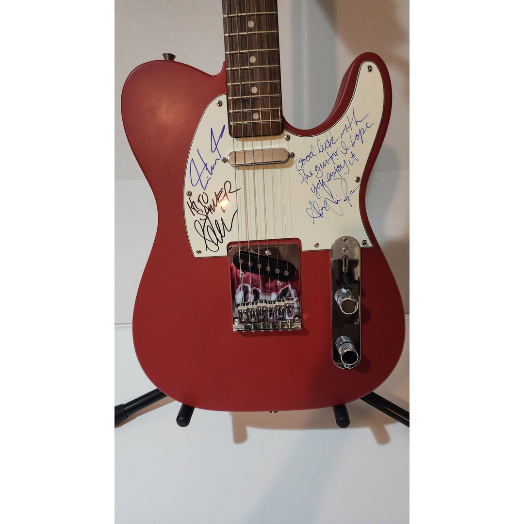 Rush Neil Peart,  Alex Lifeson (inscription), Geddy Lee  original Fender telecaster full size electric guitar signed with proof