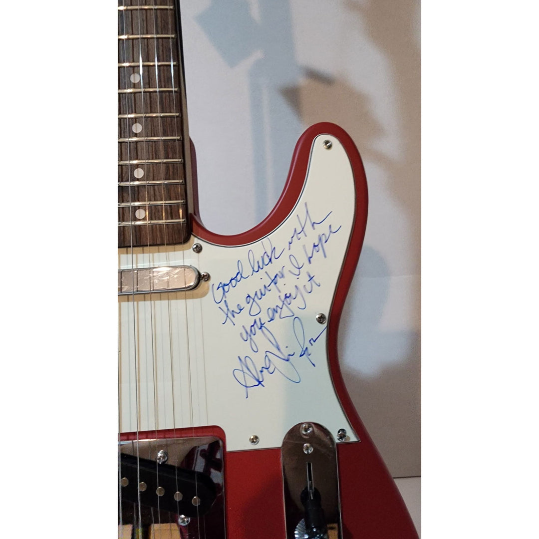 Rush Neil Peart,  Alex Lifeson (inscription), Geddy Lee  original Fender telecaster full size electric guitar signed with proof