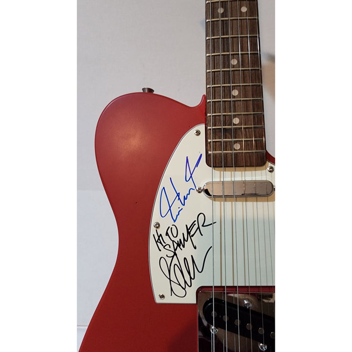 Rush Neil Peart,  Alex Lifeson (inscription), Geddy Lee  original Fender telecaster full size electric guitar signed with proof