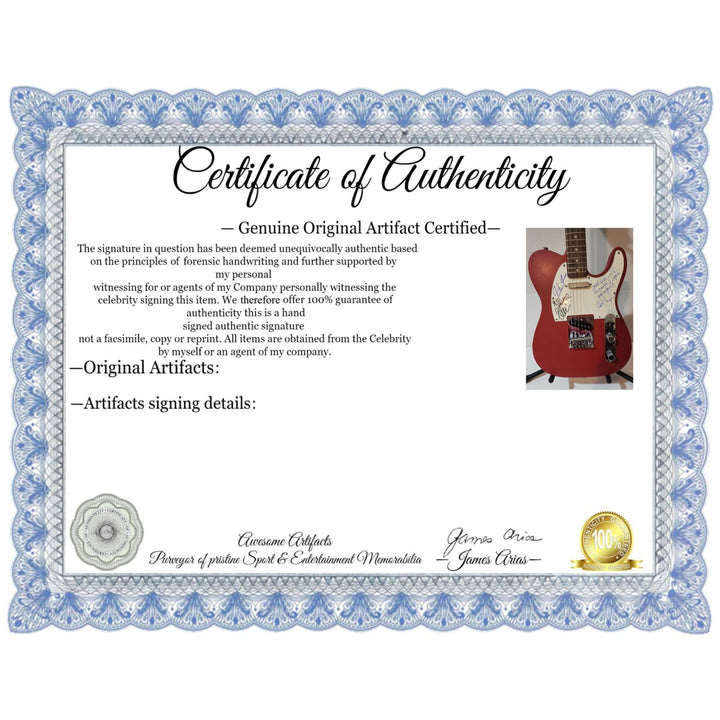 Rush Neil Peart,  Alex Lifeson (inscription), Geddy Lee  original Fender telecaster full size electric guitar signed with proof