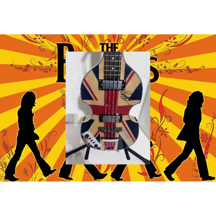 Paul McCartney and Ringo Starr British flag Hofner bass guitar signed with proof