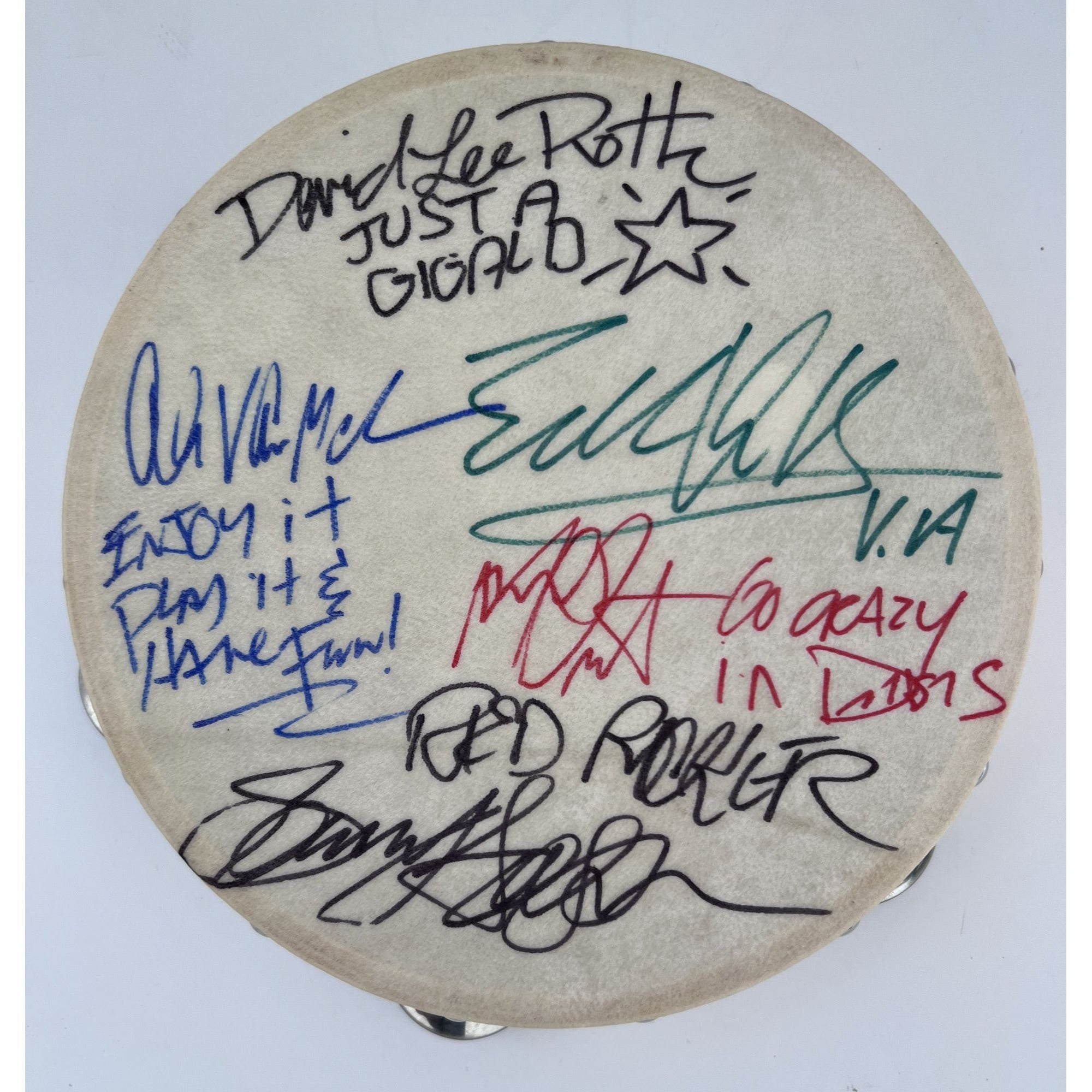 Van Halen signed and and inscribed Eddie Van Halen David Lee Roth Sammy Hagar Michael Anthony Alex Van Halen 10 inch tambourine signed