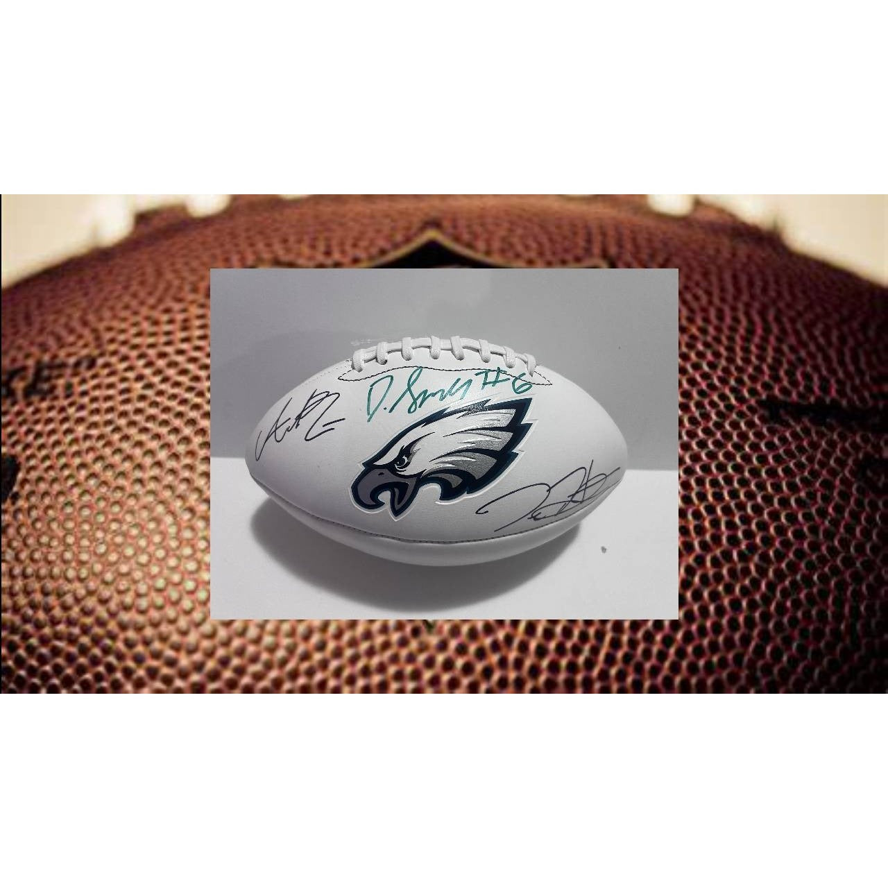 Philadelphia Eagles Jalen Hurts Devonta Smith  AJ Brown full size logo football signed with proof