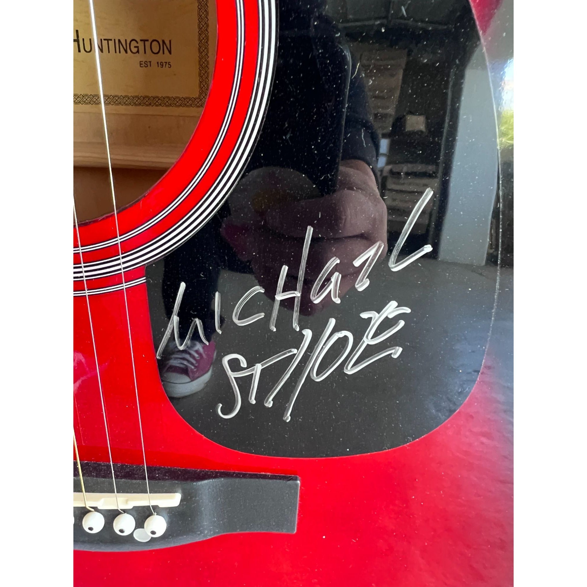 R.E.M Michael Stripe, Bill Berry, Mike Mills, Peter Buck full size 39' Huntington acoustic signed with proof