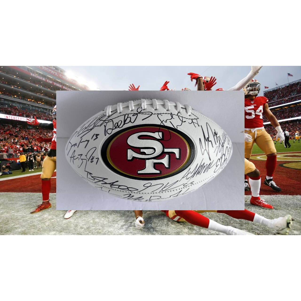 San Francisco 49ers 2023 24 Deebo Samuel, Brock Purdy Christian McCaffrey  full size team signed football with proof