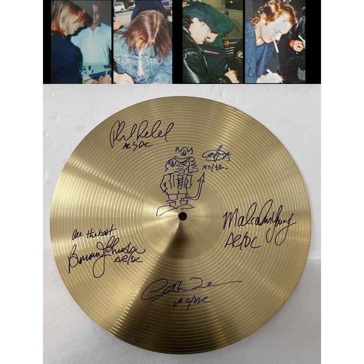 Angus Young Malcolm Young Cliff Williams Phil Rudd Brian Johnson ACDC 14-in cymbal signed with proof