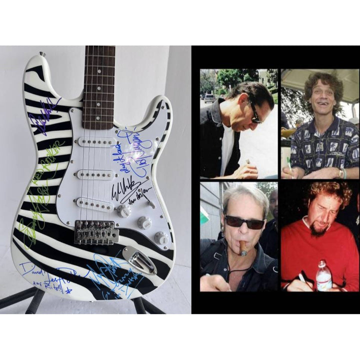 Eddie Van Halen Ted Nugent David Lee Roth Sammy Hagar Michel Anthony Alex Van Halen zebra full size electric guitar signed with proof