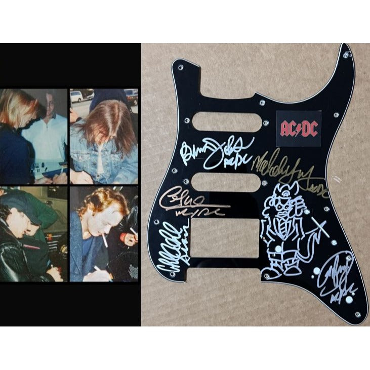 ACDC Angus Young Malcolm Young Brian Johnson Cliff Williams Phil Rudd electric guitar pickguard signed with proof