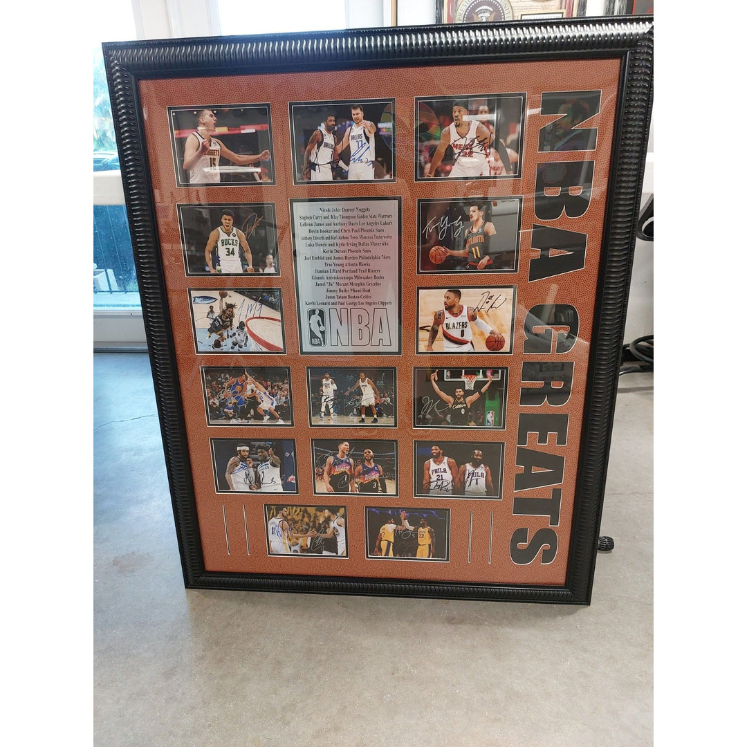 LeBron James Stephen Curry Anthony Davis 20 of the top players in the NBA signed 5x7 photos with proof and Museum quality frame