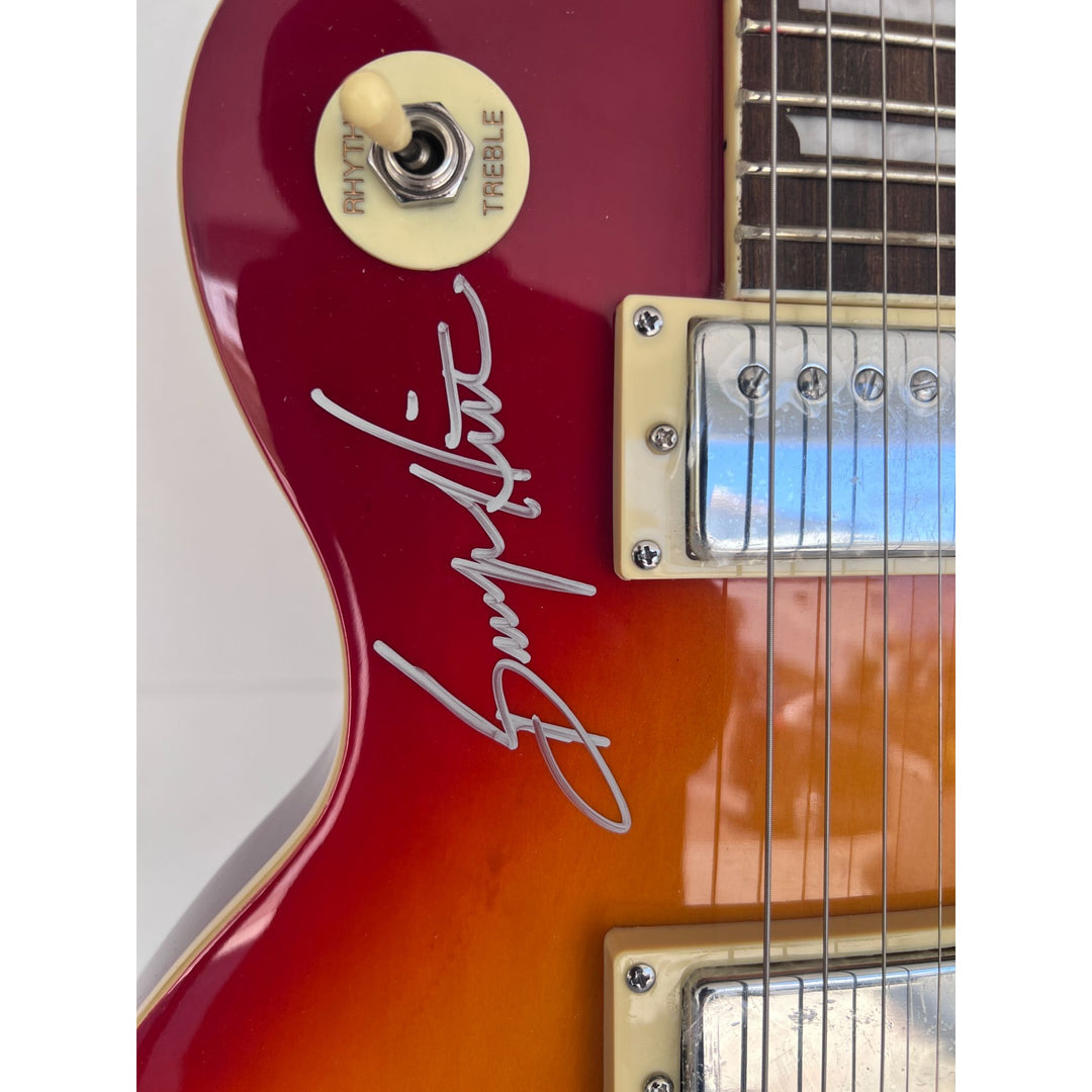 Reo Speedwagon Kevin Cronin, Dave Amato, Bruce Hall, Brian Hitt and Derek Hilland full size les paul electric guitar signed with proof.