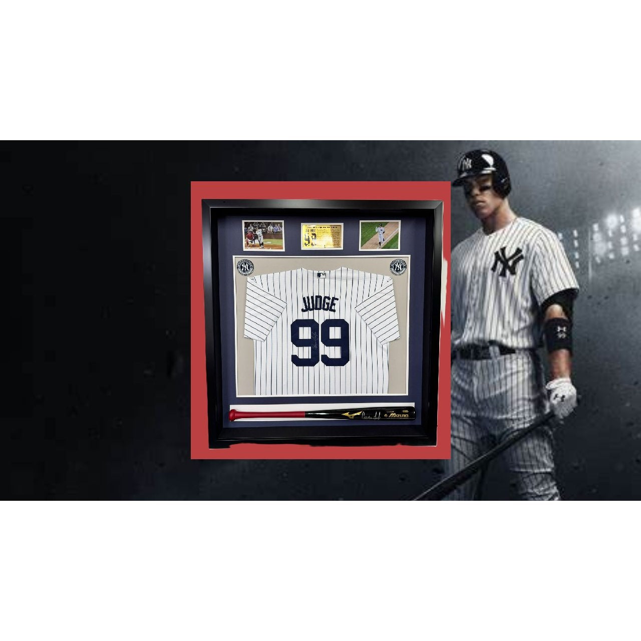 Aaron judge New York Yankees game model bat and jersey signed with proof in '40x43' museum quality frame