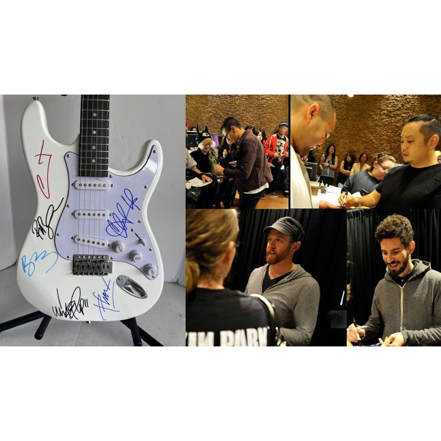 Linkin Park Chester Bennington Mike Shinoda Rob Bourdon Joe Hahn Brad Delson White Electric Stratocaster signed with proof