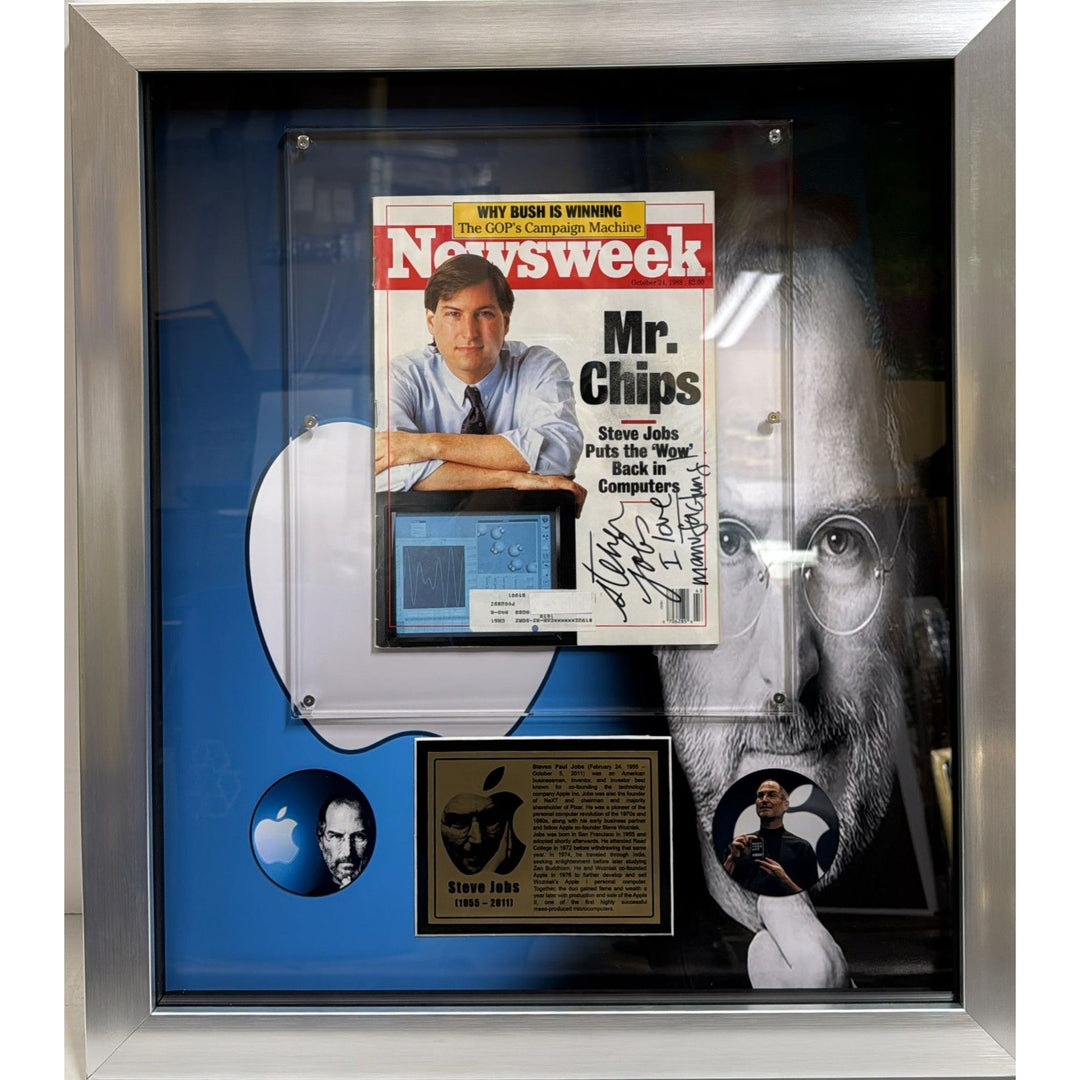 Steve Jobs vintage 1988 Newsweek Magazine signed with inscription and museum quality frame.
