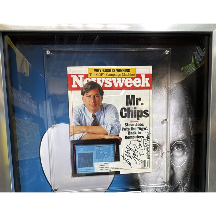 Steve Jobs vintage 1988 Newsweek Magazine signed with inscription and museum quality frame.