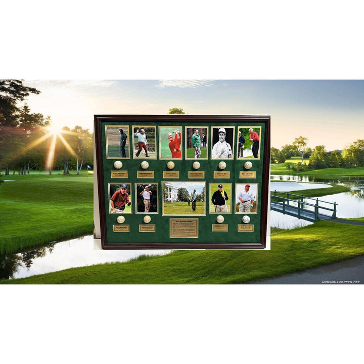Donald Trump, Ronald Reagan, Richard Nixon 10 US President's signed golf balls with museum quality frame