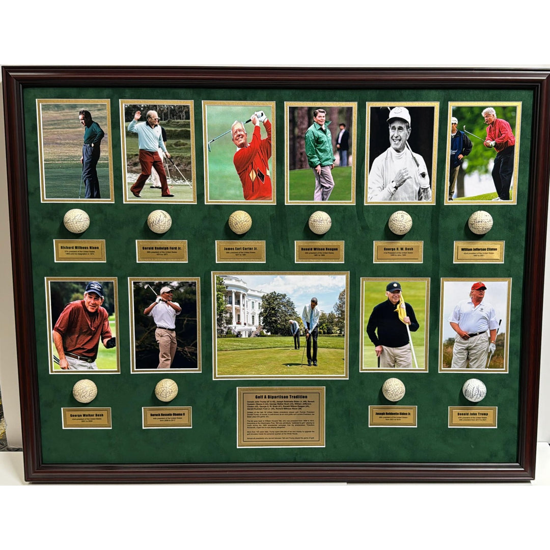 Donald Trump, Ronald Reagan, Richard Nixon 10 US President's signed golf balls with museum quality frame